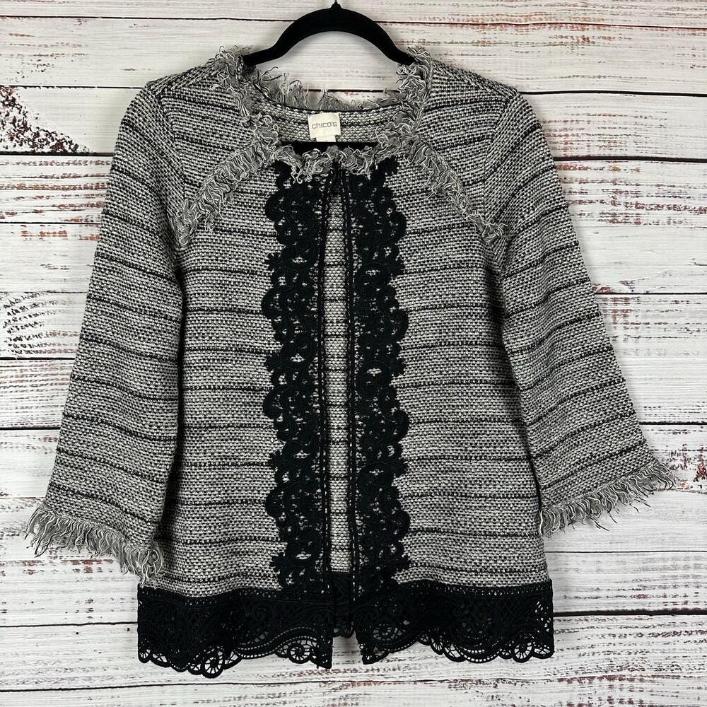 Chicos Gray Black Open Front Jacket Lace Trim 3/4 Sleeve Career Womens Size 1  M